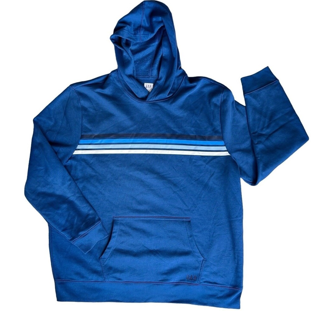 Gap‎ Hoodie Men XXL Blue Striped Chest Pullover Fleece Sweatshirt Sporty Casual